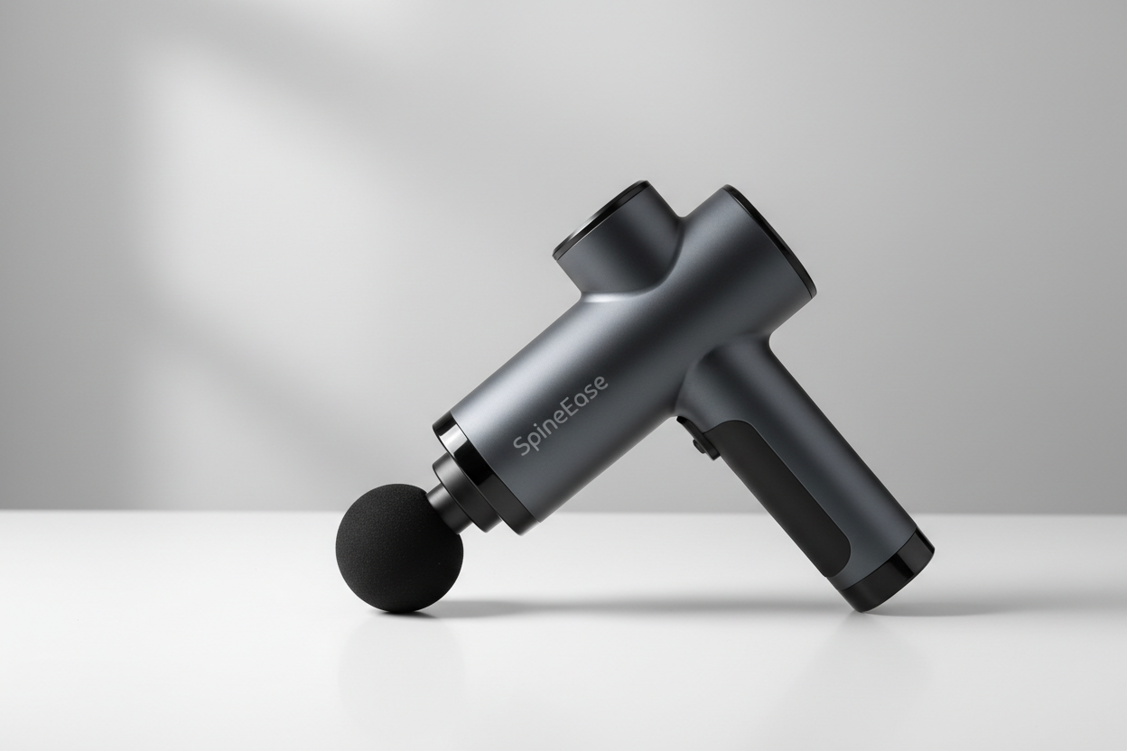 Handheld massage gun side view with SpineEase logo