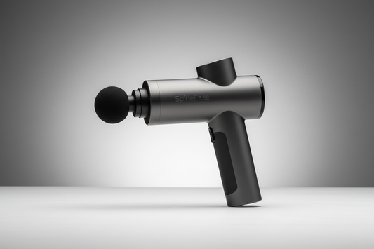 Massage gun left side view with SpineEase logo
