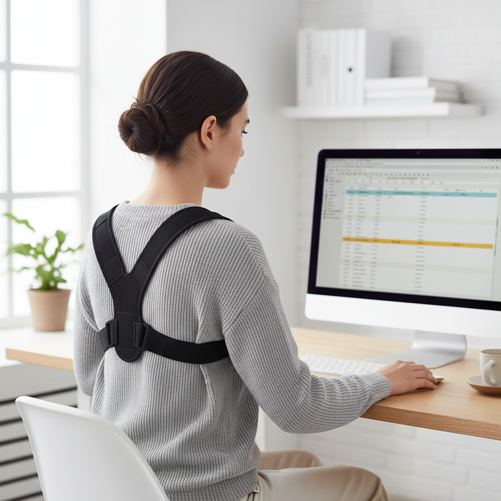 Person using posture corrector while working at computer