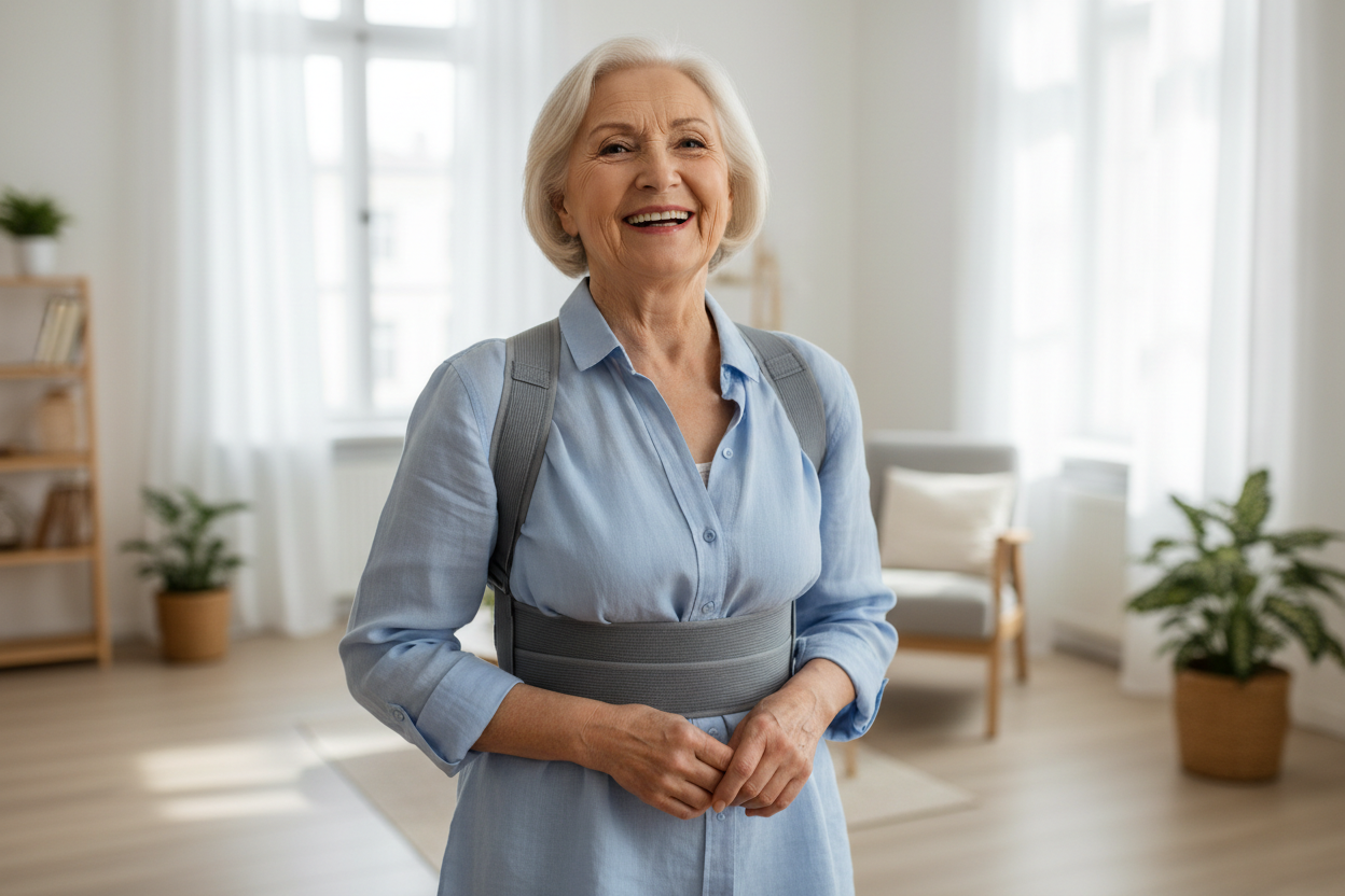 realistic 100% happy old age women customer using adjustable posture corrector